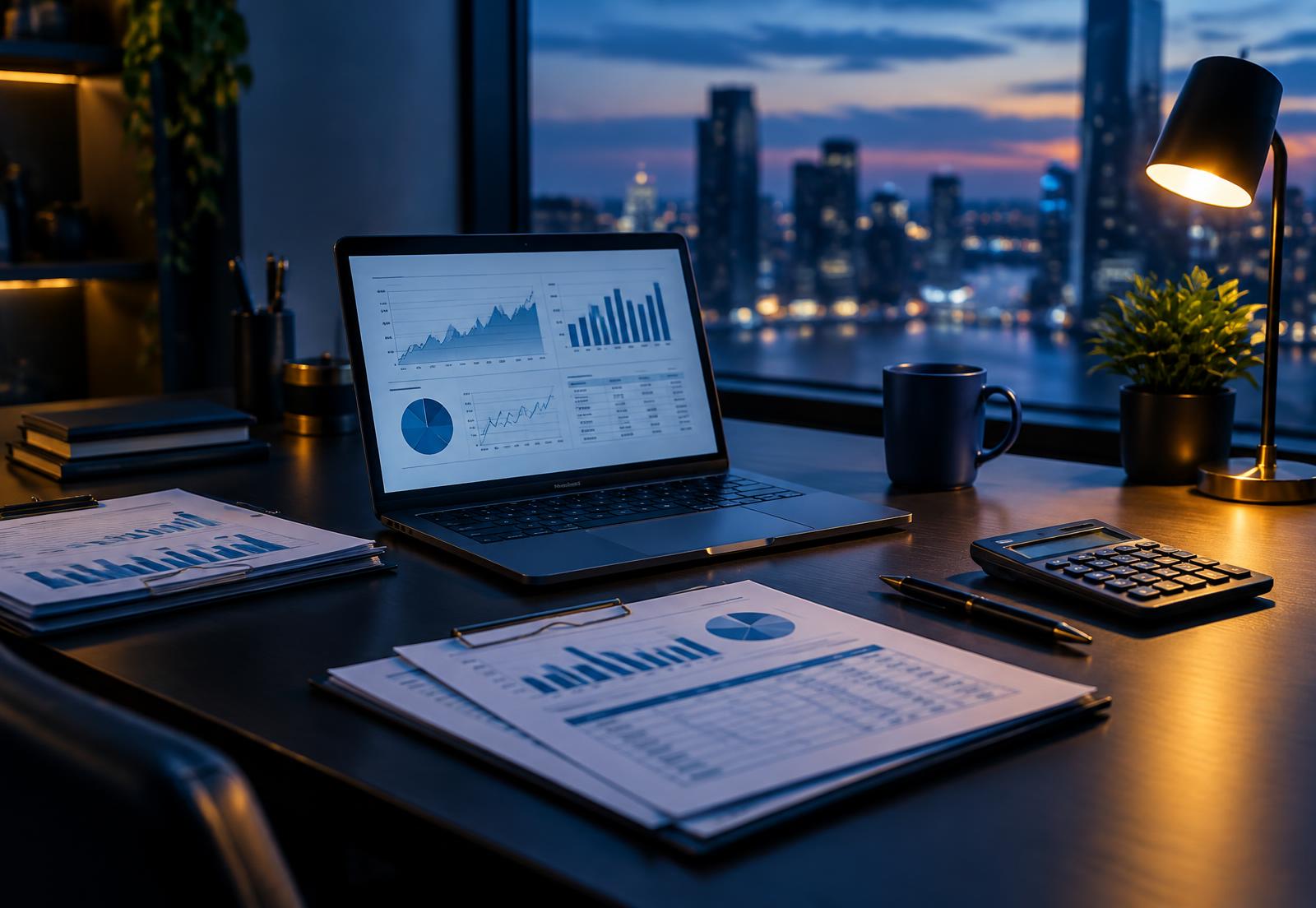 Organized financial reports on a desk at dusk